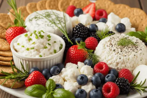 Plateau de fromages frais, fruits rouges, mûres, myrtilles et crackers. Un délice visuel qui donne envie de connaître le tableau calorique des fromages.