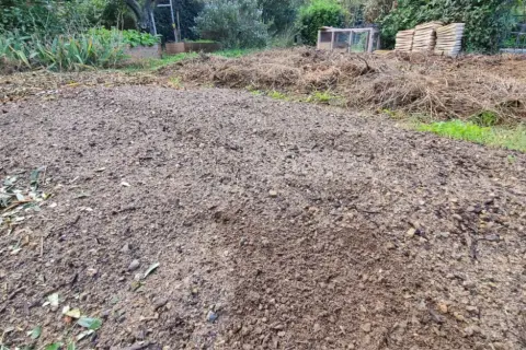 Vaste tas de terre dure comme de la pierre, prête pour le jardinage. Des débris végétaux et des feuilles jonchent le sol.