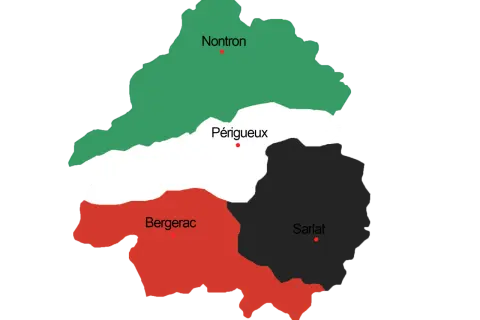 Carte du Périgord divisé en Périgord Vert (Nontron), Périgord Blanc (Périgueux), Périgord Pourpre (Bergerac) et Périgord Noir (Sarlat).