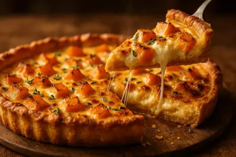 Une part de tarte courge et chèvre fondante, avec du fromage filant et des dés de courge dorés, garnie de thym frais.