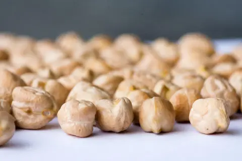 Grains de pois chiche, rappelant leur origine méditerranéenne, sur un fond flou.