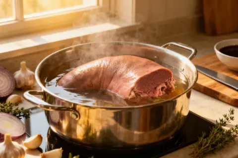 Une langue de bœuf mijote dans une casserole, prête pour une recette savoureuse. Oignons, ail et herbes aromatiques sont disposés autour.