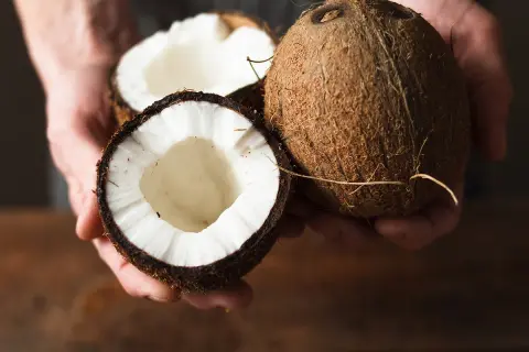 Comment choisir une noix de coco : une noix entière et une coupée en deux, révélant sa chair blanche et son eau.