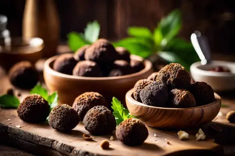 Des truffes noires, trésors du pays de la truffe, reposent dans des bols en bois, promesse d'arômes subtils.