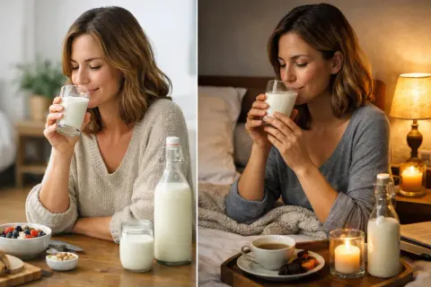 Femme savourant un verre de kéfir, au petit-déjeuner ou au lit. Un moment de bien-être pour savoir quand boire du kéfir.