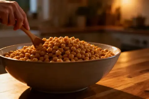 Une main remue des pois chiches dans un bol. Voici une idée pour comment manger les pois chiches : en salade, en houmous, ou rôtis.