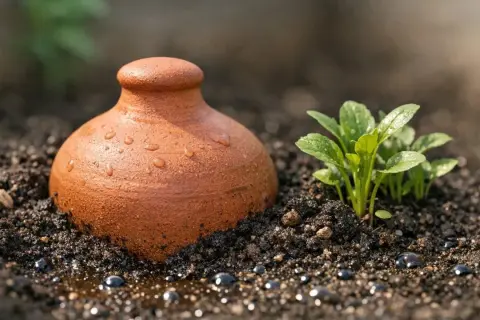 Olla en terre cuite arrosant un jeune plant. Le sol argileux, avec ses avantages et inconvénients, retient l'eau.