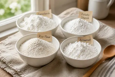 Quatre bols de poudres blanches : fécule de maïs, fécule de pomme de terre, farine de riz et arrow-root. Des alternatives pour remplacer l'arrow-root.