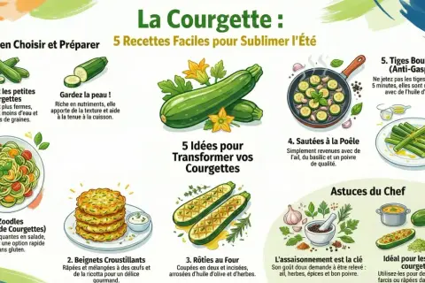 Infographie sur la courgette : 5 recettes faciles pour l'été. Choisir de petites courgettes, garder la peau. Idées : zoodles, beignets, rôties, sautées, tiges bouillies. Semis courgette combien de temps ?