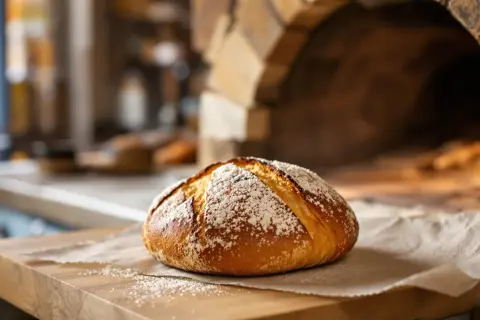 Un pain doré, saupoudré de farine, prêt à être dégusté. La préfou recette traditionnelle, tout juste sorti du four à bois.
