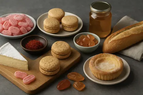 Délicieuses spécialités françaises par région : macarons, bonbons, fromage, safran, miel, pain et tartelette.