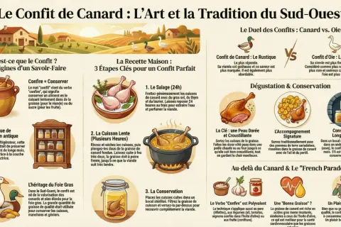 Le confit de canard, un plat rustique du Sud-Ouest, est comparé à l'oie. Le conflit de canard est une tradition culinaire.