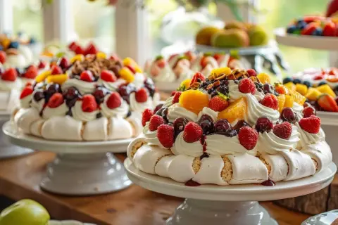 Pavlovas aux fruits, un dessert aérien dont l'origine pays est disputée entre l'Australie et la Nouvelle-Zélande.