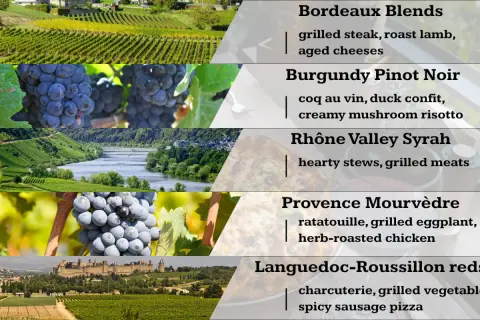 Une liste de vins rouges français, des vignobles de Bordeaux aux grappes de Bourgogne, avec des suggestions d'accords mets.