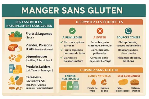Guide pour manger sans gluten : aliments à privilégier (fruits, légumes, viandes), à éviter (pâtes, pain classique) et sources cachées. Idées gourmandes sans gluten.