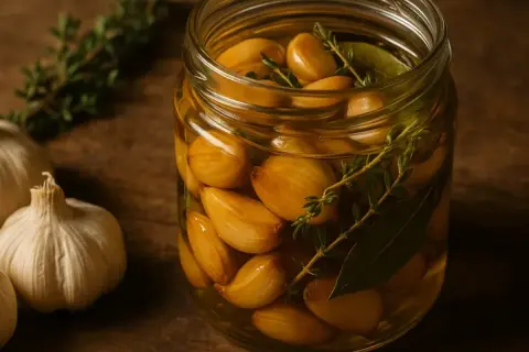 Un bocal rempli d'ail confit, avec des herbes aromatiques. Parfait pour faire de l'ail confit maison.