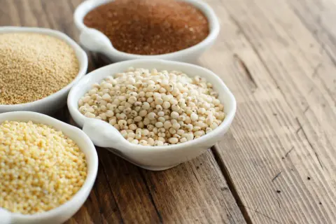 Quatre bols de céramiques blanches présentent diverses céréales sans gluten : millet, sorgho, quinoa et amarante.