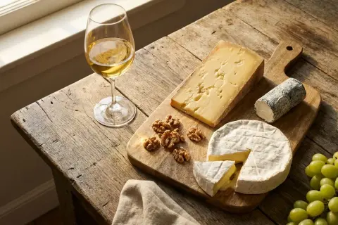 Verre de vin blanc, assortiment de fromage et quelques noix sur une planche en bois. Une dégustation parfaite de vin, fromage et charcuterie.