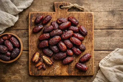 Gros plan sur des dattes Medjool sur une planche en bois. Découvrez les dattes medjool bienfaits pour une collation saine et énergétique.