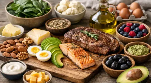 Une assiette keto avec steak, saumon, avocat, œufs, baies, noix, fromage et légumes verts.