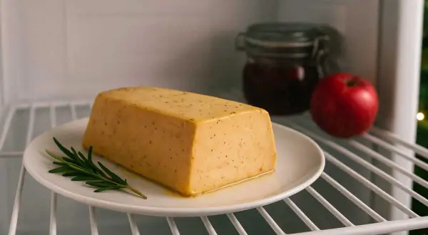 Bloc de foie gras frais sur une assiette, prêt à être découpé en tranches. Une pomme rouge et un pot de confiture sont à proximité dans le réfrigérateur.