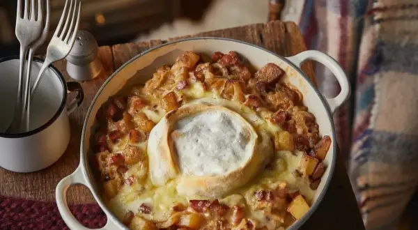 Un plat de tartiflette fumant, avec son fromage fondant au centre. Qui a inventé la tartiflette ? Ce plat savoyard réconfortant.