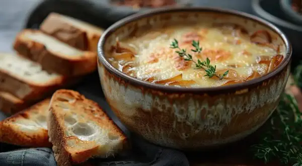 Un bol de soupe à l'oignon gratinée, avec son fromage doré et quelques tranches de pain grillé à côté.