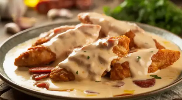 Morceaux de poulet pané nappés d'une onctueuse sauce crémeuse avec des morceaux de chorizo.