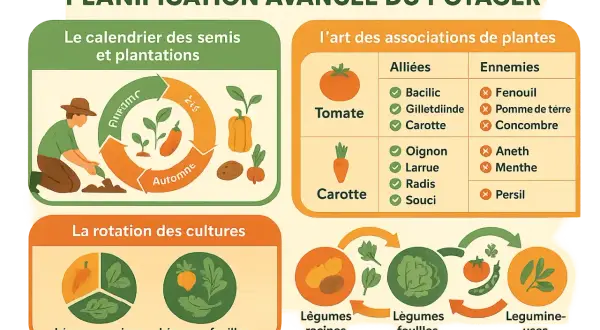 Illustration sur la planification d'un potager : calendrier, rotation des cultures et association de plantes en permaculture.