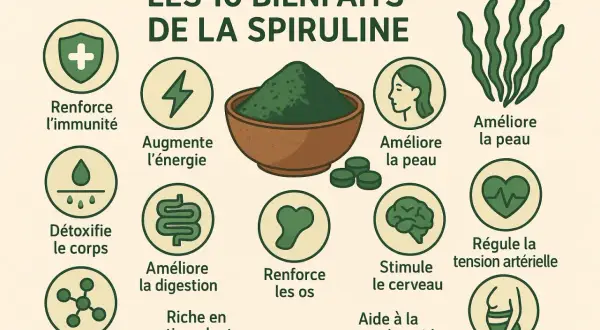 Infographie illustrant les 10 bienfaits de la spiruline : renforce l'immunité, augmente l'énergie, détoxifie le corps, améliore la digestion, riche en antioxydants, améliore la peau, renforce les os, stimule le cerveau, aide à la perte de poids, régule...