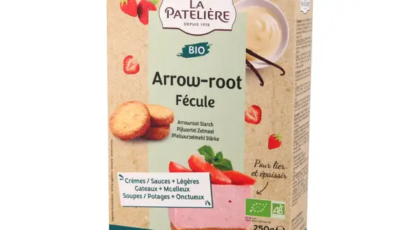 Boîte de fécule Arrow-root bio de La Patelière, illustrée de fraises, biscuits et d'une part de gâteau rose. Idéal pour lier et épaissir vos préparations.
