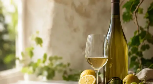 Verre de vin blanc, bouteille, citrons et raisins. Parfait pour savoir que manger avec un sauvignon blanc.