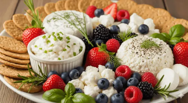 Plateau de fromages frais, fruits rouges, mûres, myrtilles et crackers. Un délice visuel qui donne envie de connaître le tableau calorique des fromages.