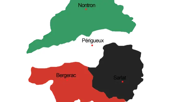 Carte du Périgord divisé en Périgord Vert (Nontron), Périgord Blanc (Périgueux), Périgord Pourpre (Bergerac) et Périgord Noir (Sarlat).
