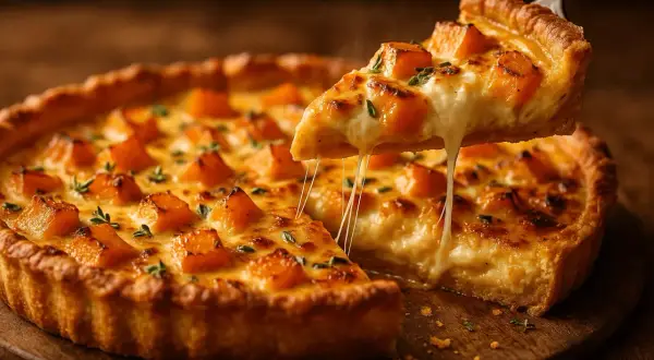 Une part de tarte courge et chèvre fondante, avec du fromage filant et des dés de courge dorés, garnie de thym frais.