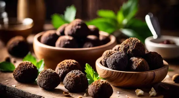 Des truffes noires, trésors du pays de la truffe, reposent dans des bols en bois, promesse d'arômes subtils.