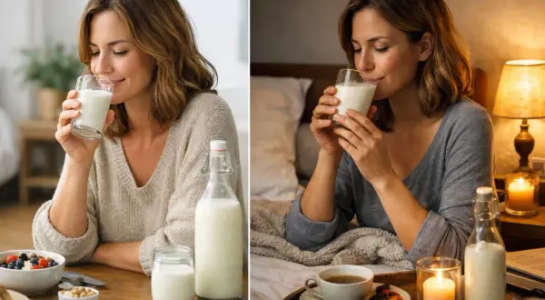 Femme savourant un verre de kéfir, au petit-déjeuner ou au lit. Un moment de bien-être pour savoir quand boire du kéfir.