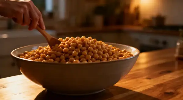 Une main remue des pois chiches dans un bol. Voici une idée pour comment manger les pois chiches : en salade, en houmous, ou rôtis.