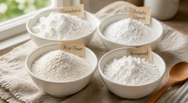 Quatre bols de poudres blanches : fécule de maïs, fécule de pomme de terre, farine de riz et arrow-root. Des alternatives pour remplacer l'arrow-root.