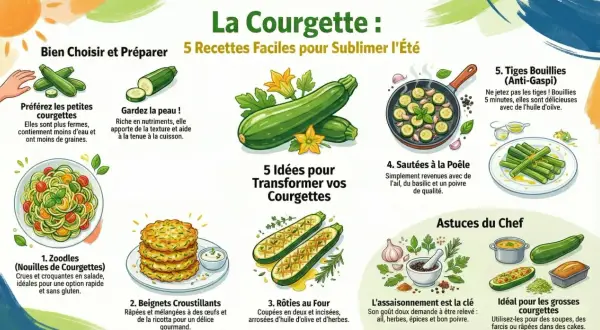 Infographie sur la courgette : 5 recettes faciles pour l'été. Choisir de petites courgettes, garder la peau. Idées : zoodles, beignets, rôties, sautées, tiges bouillies. Semis courgette combien de temps ?