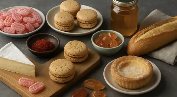 Délicieuses spécialités françaises par région : macarons, bonbons, fromage, safran, miel, pain et tartelette.