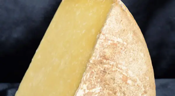 Gros morceau de fromage à pâte dure, jaune pâle, avec une croûte naturelle. Parfait pour la fondue ou un plateau de fromage de Noël.