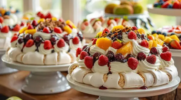 Pavlovas aux fruits, un dessert aérien dont l'origine pays est disputée entre l'Australie et la Nouvelle-Zélande.