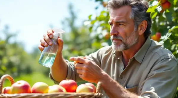 Un homme prépare sa récolte de pommes, tenant un vaporisateur près d'un panier rempli de fruits rouges et jaunes.