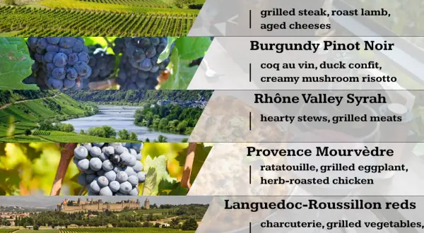Une liste de vins rouges français, des vignobles de Bordeaux aux grappes de Bourgogne, avec des suggestions d'accords mets.