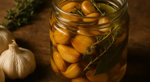 Un bocal rempli d'ail confit, avec des herbes aromatiques. Parfait pour faire de l'ail confit maison.