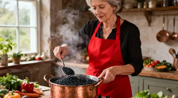 Une femme prépare une recette de lentilles beluga dans sa cuisine. La vapeur s'échappe d'une casserole en cuivre remplie de lentilles noires.