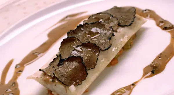 Un plat de poisson délicat, garni de fines lamelles de truffe de la Saint-Jean, arrosé d'une sauce onctueuse sur une assiette blanche.