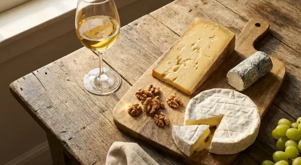 Verre de vin blanc, assortiment de fromage et quelques noix sur une planche en bois. Une dégustation parfaite de vin, fromage et charcuterie.