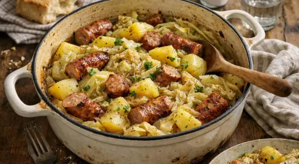 Plat réconfortant de chou braisé, pommes de terre et saucisses grillées, garni de persil frais. Un délice rustique.
